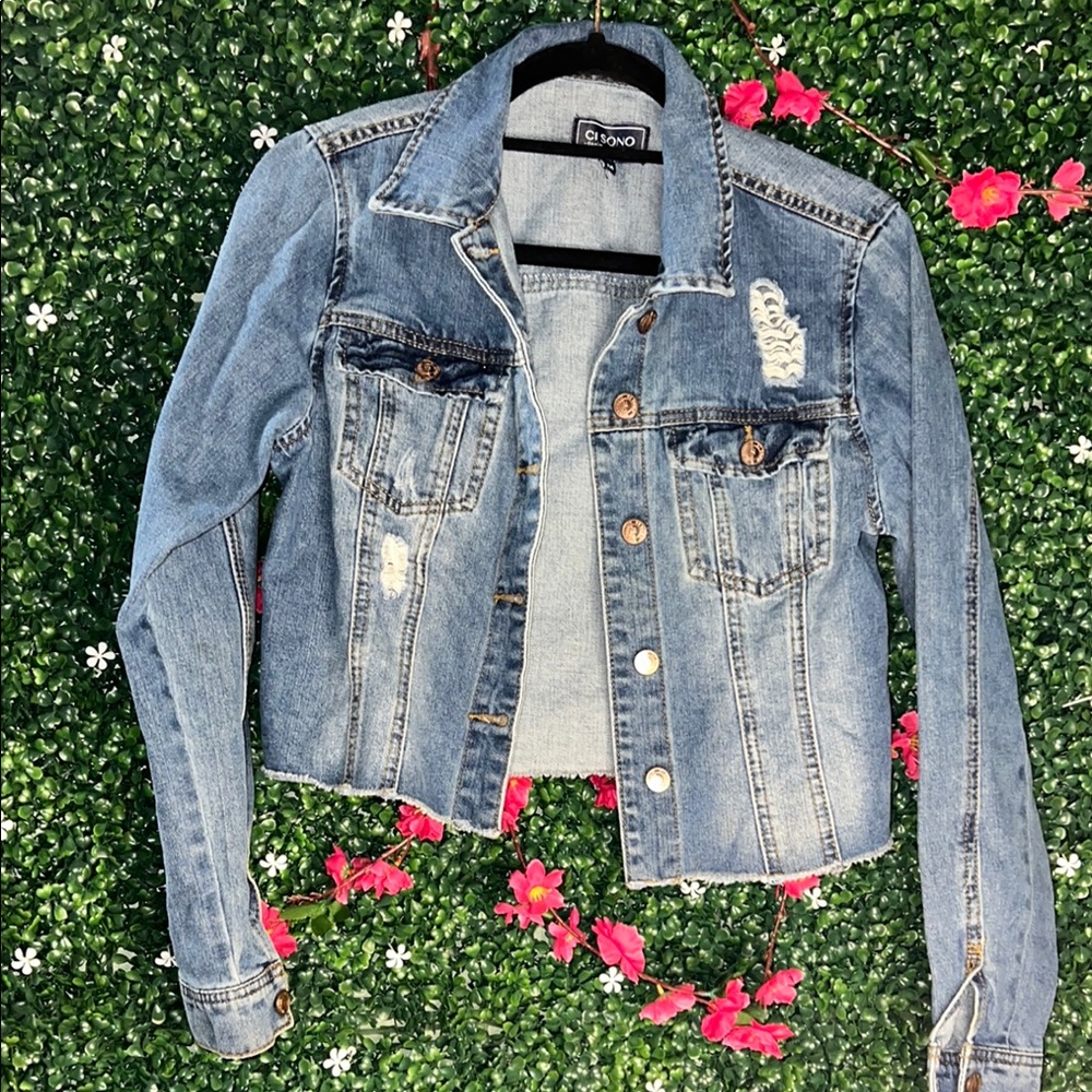 Ci Sono Blue Jean Jacket with Vintage Distressing and Cropped Fit